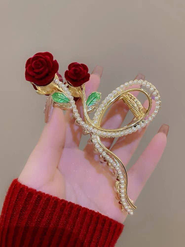 کلیپس گل رز نگین دار و مرواریدی