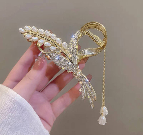 کلیپس خوشه گندم مرواریری آویز دار نقره ای